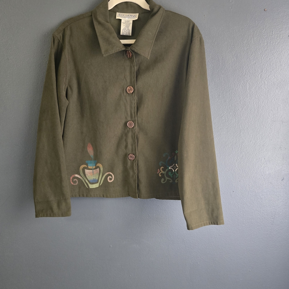 Jessica Howard Vintage Green Faux Suede Shirt Jacket Size 14 - Picture 4 of 7